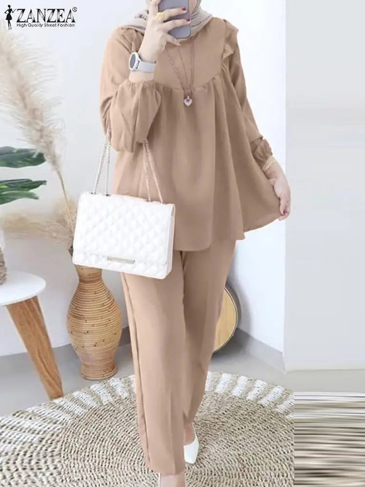 ZANZEA Women Elastic Waist Trouser 2pcs Tracksuit Muslim Fashion Long Sleeve Ruffles Tops Turkey Pant Sets Elegant Matching Sets.