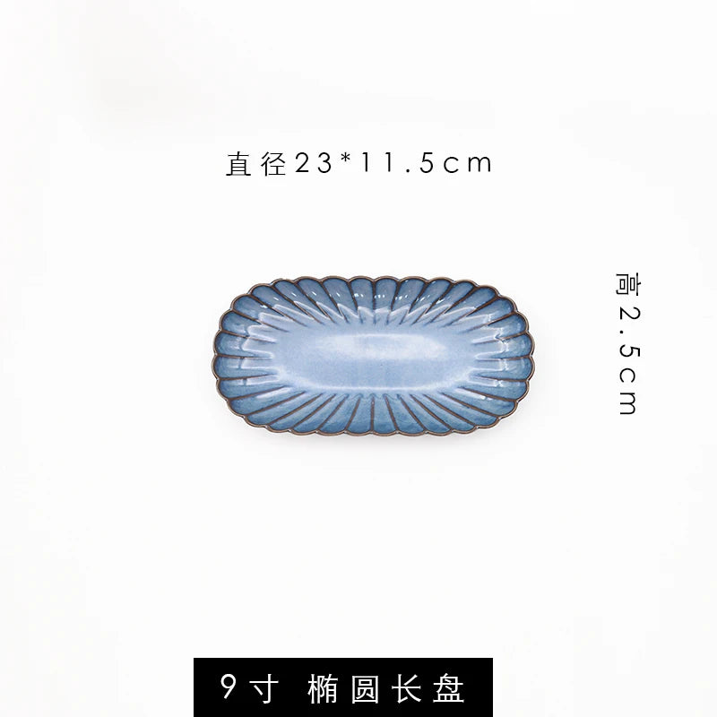 Retro Household Ceramic Tableware Kiln Variable Glaze Western Plate Creative Long Plate Main Dish Dinner Plate Kitchen Supplies