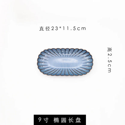 Retro Household Ceramic Tableware Kiln Variable Glaze Western Plate Creative Long Plate Main Dish Dinner Plate Kitchen Supplies