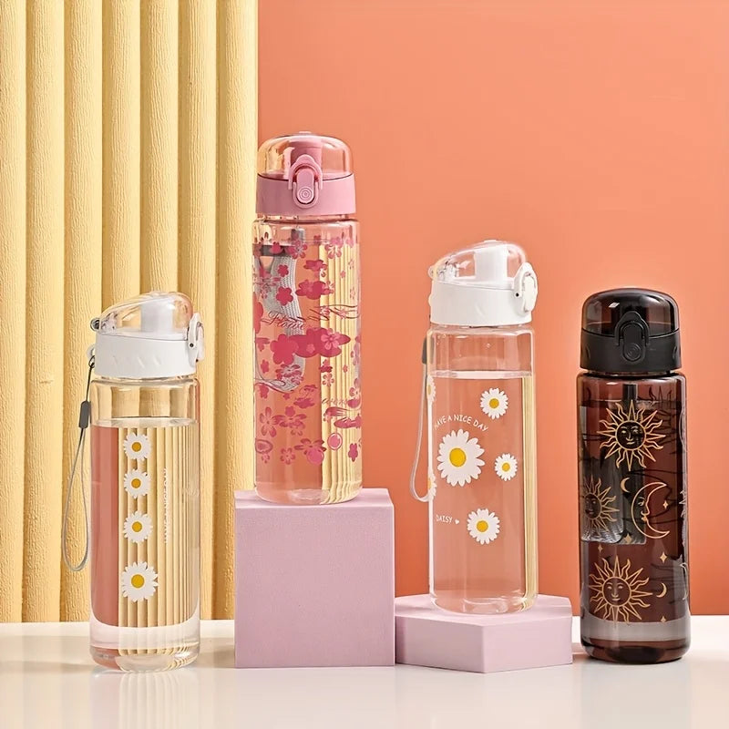 Lightweight Plastic Water Bottle with Daisy Design and Leak Proof Lid - Suitable for Office, Home, Gym, Travel - Reusable Cup.