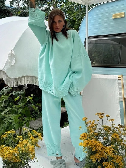 Bornladies Autumn Winter Women's New Turtleneck Knit Sweater Skinny Knit Pants Set Soft Oversized Ripped Hem Fashion Pullover