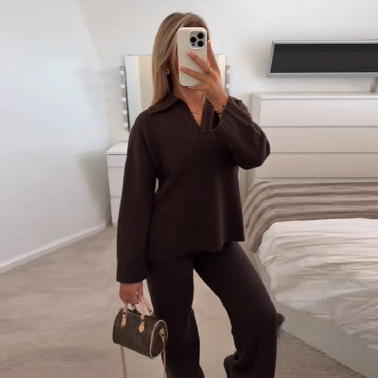 Casual Simple Loose Sweater Trousers Set Solid Color Retro Versatile Comfortable Streetwear Top Pants Commuting Women's Outfit.