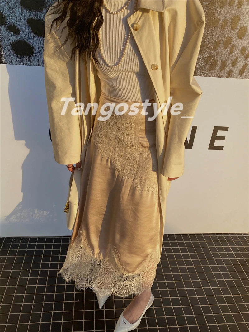 High-End Retro Satin Lace Stitching Skirt Women's 2024 Summer High Waist Slimming Court Style Temperament Mid-Length Skirt.