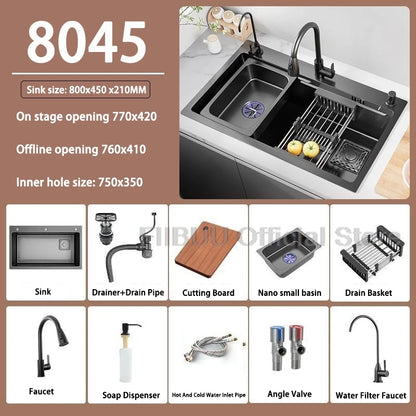 Küchenspüle, verdickter Edelstahl 304, doppelspurig, abgestuft, multifunktional, großer Einzelschlitz, Wasch-/Schnitt-/Abfluss in einem kompletten Satz