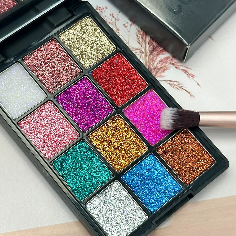 12-Color Glitter Eyeshadow Palette- Highly Pigmented,Long-Lasting Diamond Metal and Matte Shades for a Dazzling Eye Makeup Look.