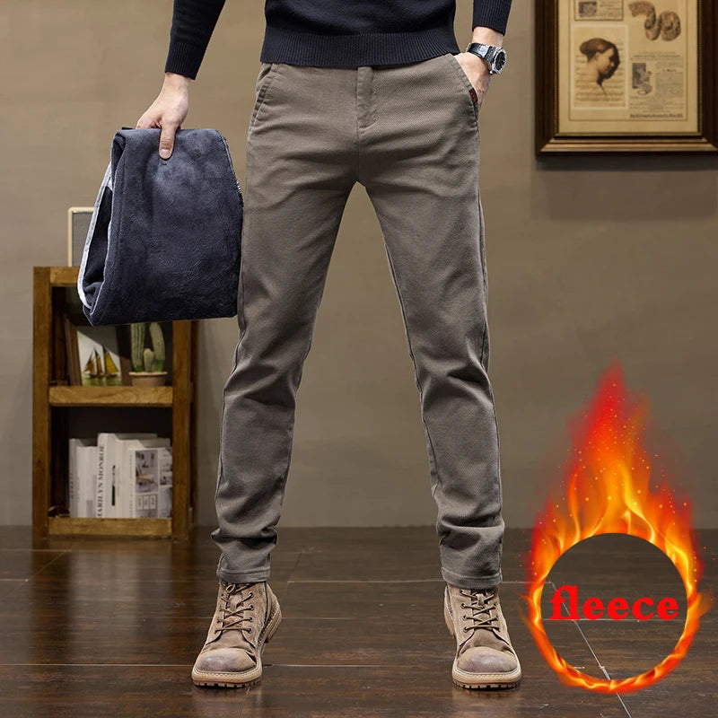 Warm Fleece Pants Winter Man Cowboy Man Thermal Fleece Lined Korean Fashion Slim Thicken Plush Wool Boot Cut Jeans Men.