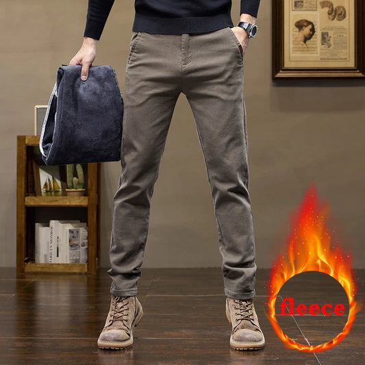 Warm Fleece Pants Winter Man Cowboy Man Thermal Fleece Lined Korean Fashion Slim Thicken Plush Wool Boot Cut Jeans Men.