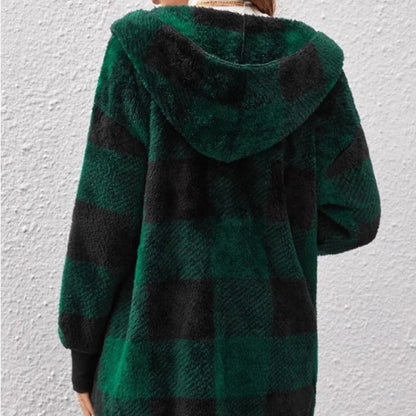 Frauen Herbst Winter Doppel Fleece Plaid Strickjacke Weiche Lose Lange Hülse Plüsch Warme Mit Kapuze Jacke Weibliche Patchwork Oberbekleidung Mantel.
