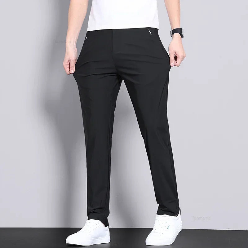 Ultra-thin Elastic Men's Casual Trousers Summer Quick-drying Ice Silk Slim Straight Business Solid Color Trousers Black Gray.