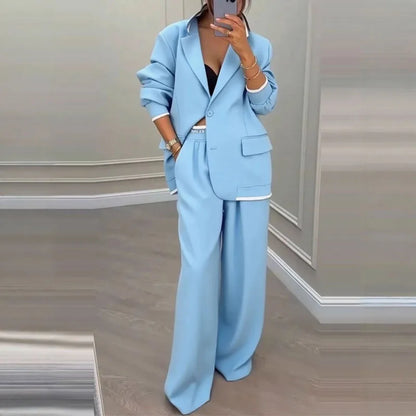 Autumn Casual Women's Suit Set Sexy Turn-down Collar Button Blazer & Straight-leg Pants Set Winter Solid Long Sleeve Chic Outfit.