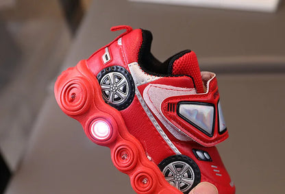 Diseny Kids'Casual Shoes Led Light Car Club Cartoon PU Leather Spring Shoes For Children Anti-slip Red Blue Shoes Size 21-30