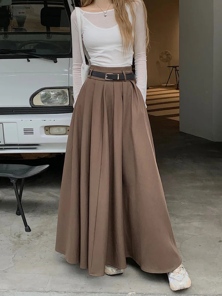 Qiukichonson Grey Midi Long Skirts Womens Maxi Skirt 2023 Autumn Winter Suit Skirt Goth Lolita High Waist Ruffle Pleated Skirts.