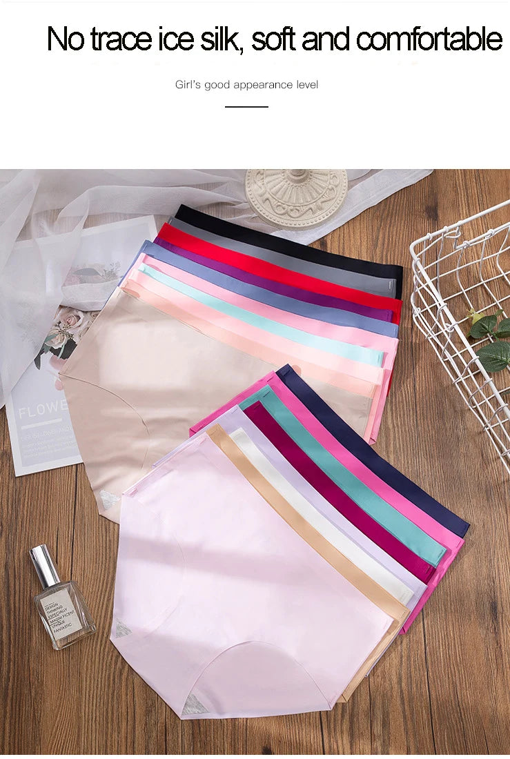 3Pcs Plus Size Underwear Women's Panties Ice Silk Solid Color Ladies Seamless Underpant Girls Briefs Breath Sexy Lingerie Female.