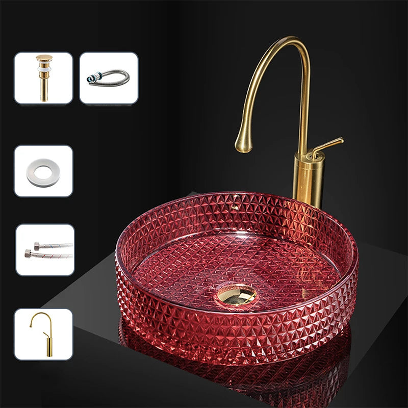 Luxuriöses Waschbecken aus Kristallglas, Badezimmer-Waschbecken, rosa Arbeitsplatte, Kunstbecken, rundes Mini-Schüsselbecken, Waschraum-Waschbecken mit Wasserhähnen