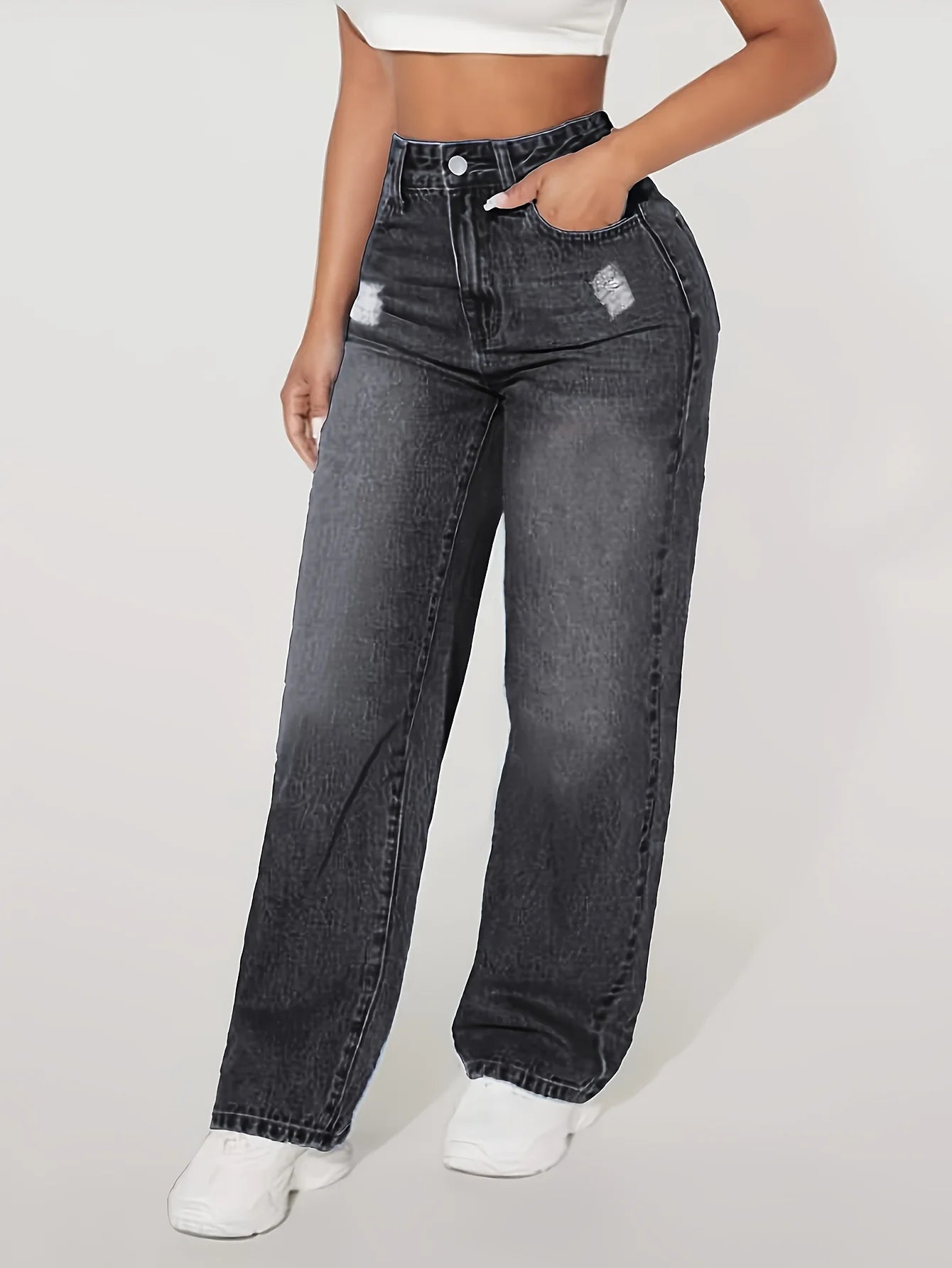 Loose Fit Elastic Fashionable Wide Leg Jeans, Blue Distressed Loose Wide Leg Jeans.