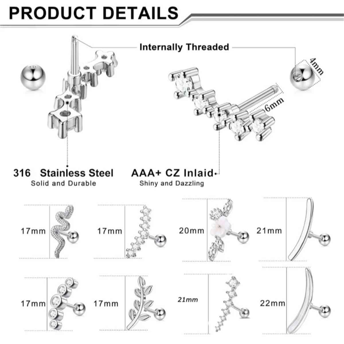 1/4/6/8Pcs 16G Stainless Steel Screw Back Stud Earrings for Women,Cubic Zerconia Cartilage Conch Helix Ear Piercing Jewelry.