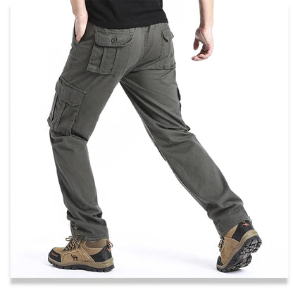 Solid Cotton Multi Flap Pockets Men's Straight Leg Cargo Pants, Loose Casual Outdoor Pants, Men's Work Pants Outdoors Streetwear.
