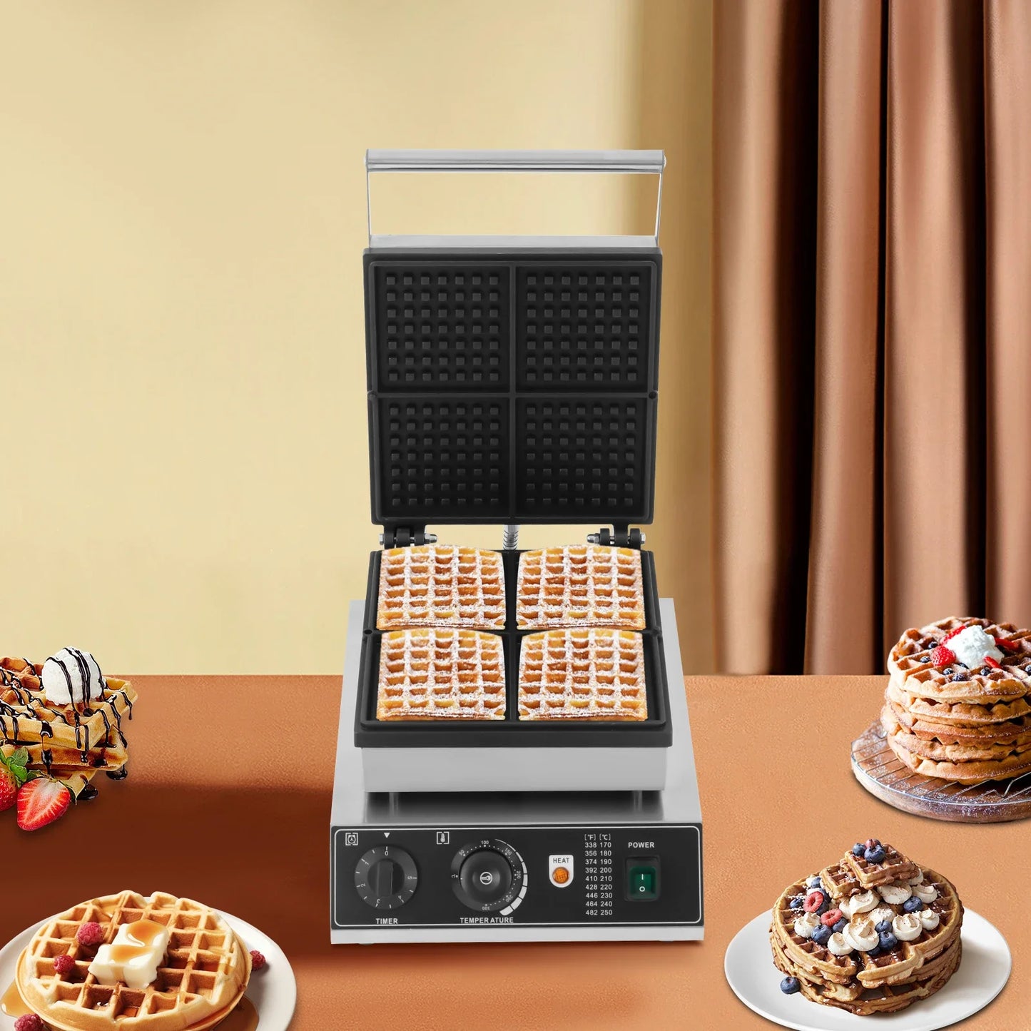 2000 W Commercial Waffle Maker Waffle Machine with Timer, 4 Extra Thick Square, Temperature Adjustable, Non-Stick Coating.
