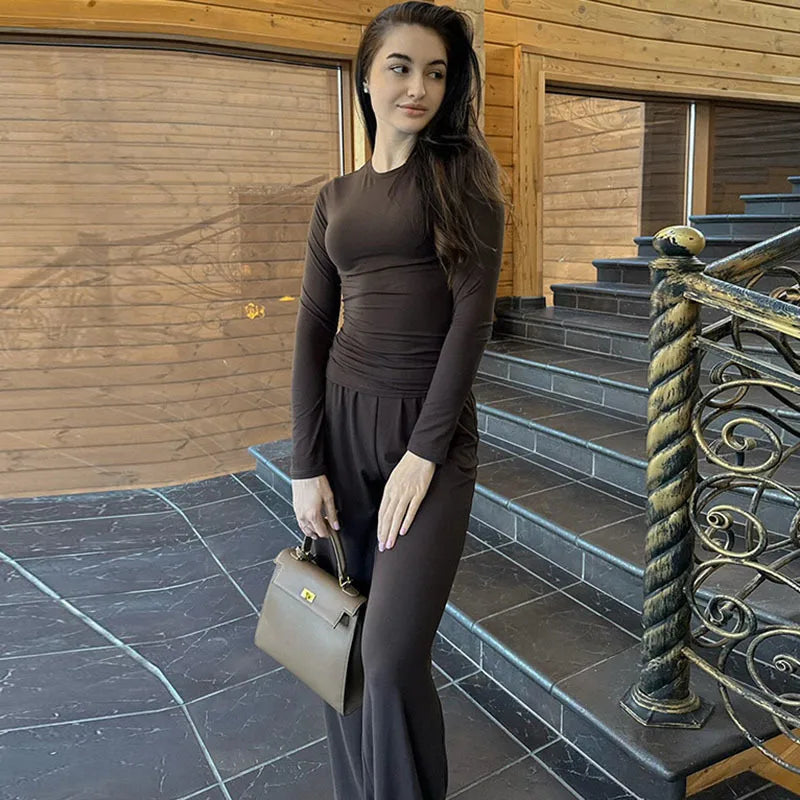 Apprabant Solid Pleated Casual Basic Trousers Set Round Neck Long Sleeve Top Fashion Sports Style High Waist Wide Leg Pants Suit.
