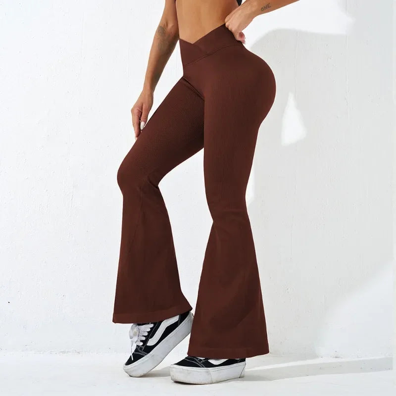 Sexy Slim Flared Pants Cross Waist Legging Women Seamless Gym Running Cycling Knit Yoga Stretch Butt Lift High Waist Pants.
