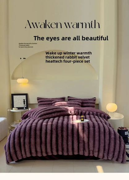 2024 new rabbit velvet milk velvet thickened rabbit fur warm four-piece set, 1.5m 1.8m bed sheet four-piece set.