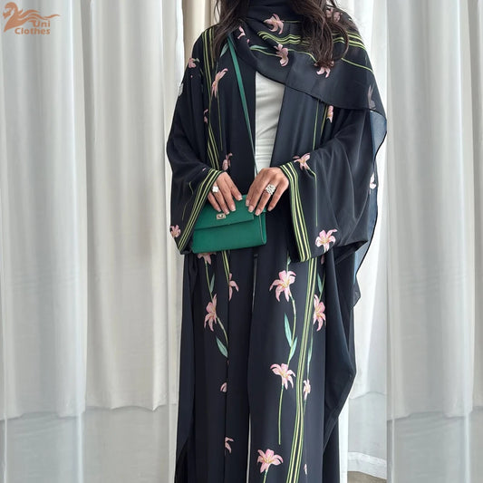 Uni Islamic Clothing Modest Abaya Women Muslim Dress Front Open Printed Abaya 2025 With Hijab Scarf Two Piece Set for Summer.