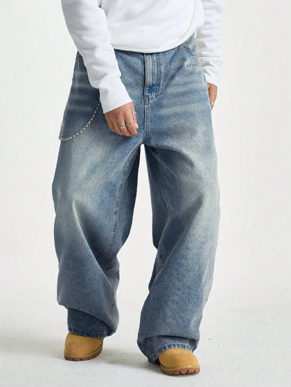1Pc Men's Wide Pants Brushed Jeans Wide Jeans Y2K New Rocks Jeans Buggy Black Hip-Hop Pants.