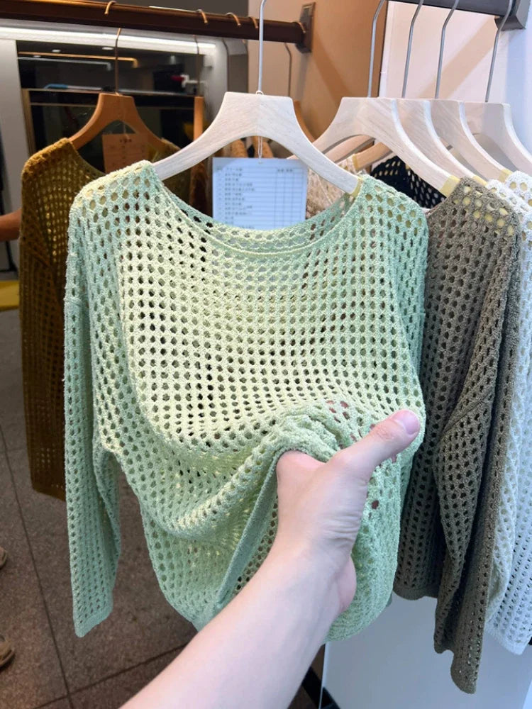 2025 Mesh Vintage Harajuku Langarm Frauen Pullover Koreanische Frühling Sommer Strickwaren Weiche Dünne Tops Chic Solide Femme Pullover.