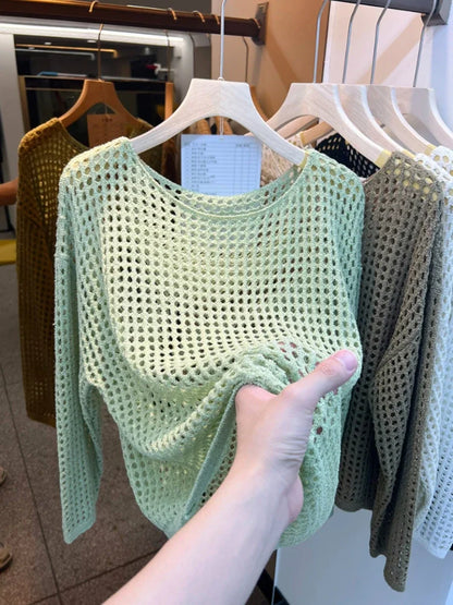 2025 Mesh Vintage Harajuku Langarm Frauen Pullover Koreanische Frühling Sommer Strickwaren Weiche Dünne Tops Chic Solide Femme Pullover.