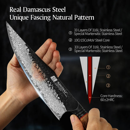 XINZUO 1-5PCS Damascus Steel Kitchen Knife 10Cr15CoMov Steel Core Chopping Vegetables And Fruits Household Kitchen Knife.