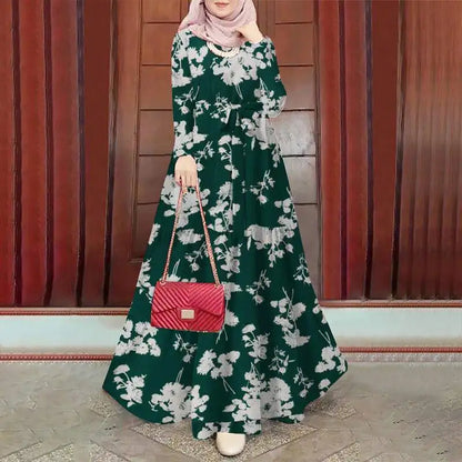 Zanzea Blumen druck böhmischen Maxi kleid Frauen Mode Langarm o Hals abgestufte Vestidos islamische muslimische Gürtel Abaya lange Roben