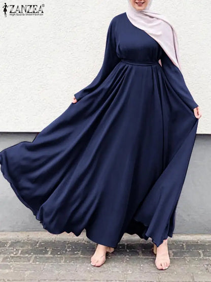 Frauen Lerisure Muslimischen Lange Kleid Übergroßen Vestidos ZANZEA 2023 Sommer Frühling Flare Ärmeln Soild Weibliche Türkische Robe Abaya.