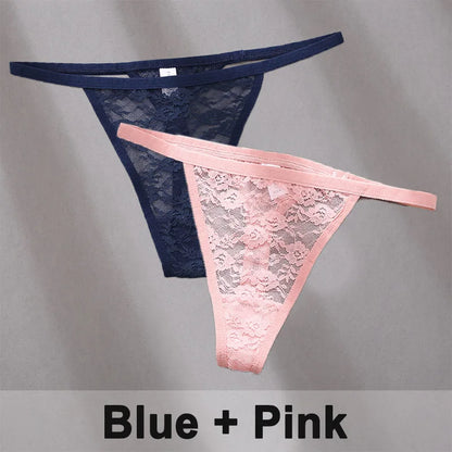 2PCS Sexy Lace Cotton Panties for Women G-String Underwear Perspective Thongs Solid Color Underpants Female Intimates Lingerie.