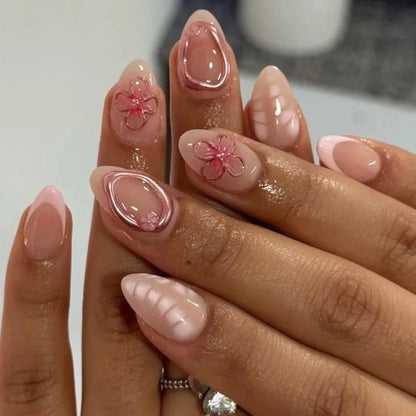 3D Flowers Gold Bead Lace White Daisy Bowknot Long Pointed Fake Nails Art Almond False Nails Press on Nails Charms Manicure Tool