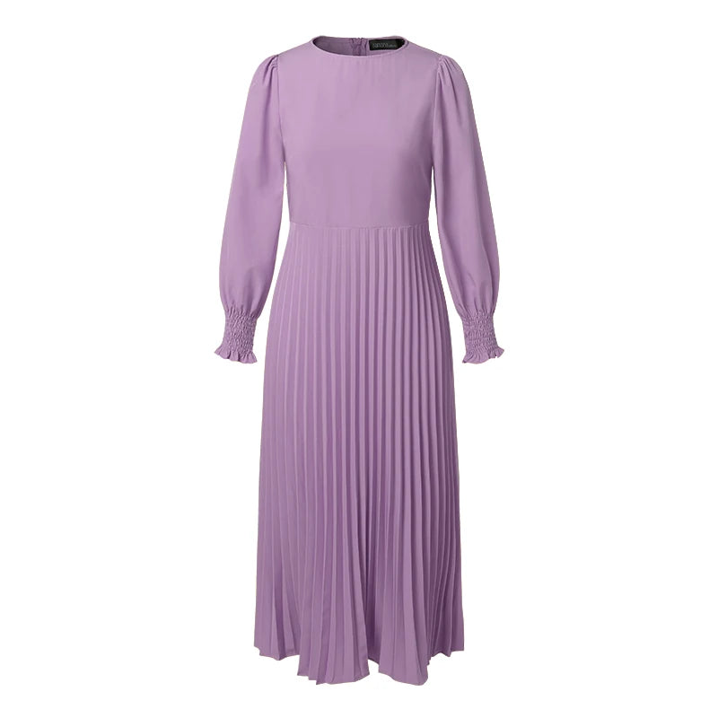 ZANZEA Elegantes Damen-Plisseekleid, edel, gesmokte Bündchen, langärmelig, O-Ausschnitt, Fit und Flare, lang, Vestidos, Pendeln, solide Party-Roben.