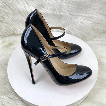 Round Toe Stiletto Shoes For Women Black Mary Jane Shoes 10CM 12CM Thin High Heels Spring Autumn Buckle Strap Fashion Sexy Pumps.