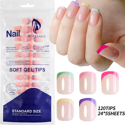 120Pcs=24*5 French Short Square Coffin False Nail White Pink Simple Wearable Fake Nails Glossy Full Cover Press on Nail Tips Art