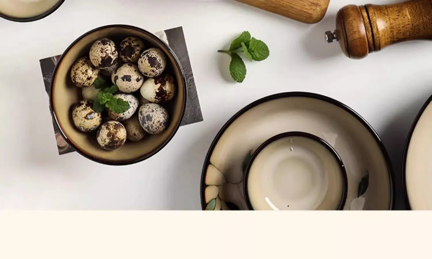 1Pc Vintage Bamboo Leaf Ceramic Bowl Salad Plate Exquisite Ceramic Cutlery Household Noodle Bowl Western Steak Cake Sushi Plate.