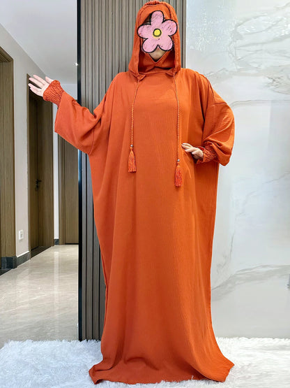 Muslim Abaya Solid Cotton Pullover Two Hat Women Eid Hooded Long Maxi Dress Turkey Kaftan Arab Robe Islamic Hijab Dubai Clothing