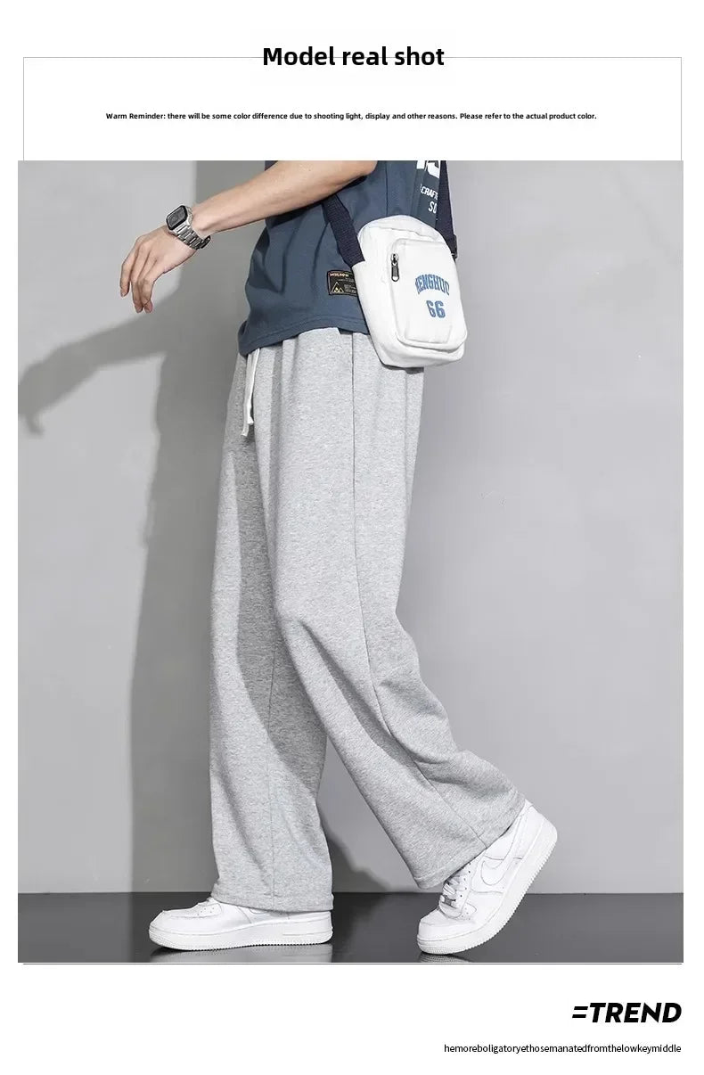 Men's Grey Loose-fit Straight-leg Casual Pants Summer Lightweight Draped Wide-leg Sweatpants For Men Comfortable Long Pants.