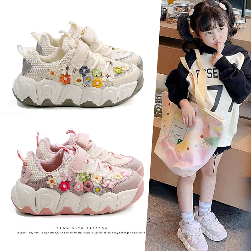 Girls Flowers Sports Shoes Children Princess Embroidered Running Shoes Air Mesh Girls Casual Sneakers Summer 2025 New