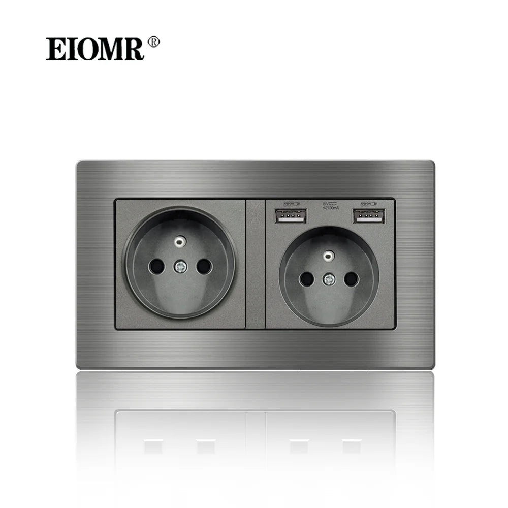 EIOMR Frankreich Standard-Steckdose, graue Aluminiumlegierung, Lichtschalter, RJ45, Fernseher, 220 V, 16 A, Wandsteckdosen für Haushaltsgeräte