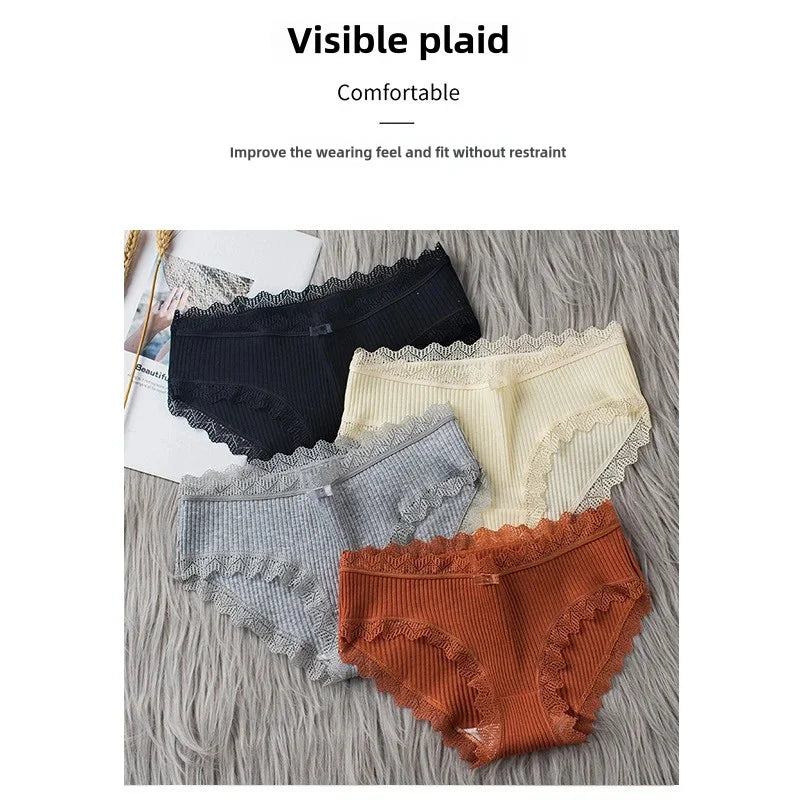 4 Pcs Lace Wavy Trim Bikini Panties, Comfy & Breathable Elastic Intimates Panties, Women's Lingerie & Underwear.