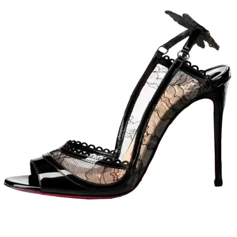 2025 Women's New in Black Lace Butterfly Sexy Pumps Stilettos Peep Toe High Heels Leather Luxury Designer Party Chic Shoes