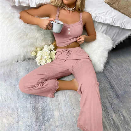 Zweiteiliges Pyjama-Set für Frühling und Sommer für Damen, Nachtwäsche, Spitzen-Hosenträger, Oberteile und lange Hosen, Pijamas, Loungewear.