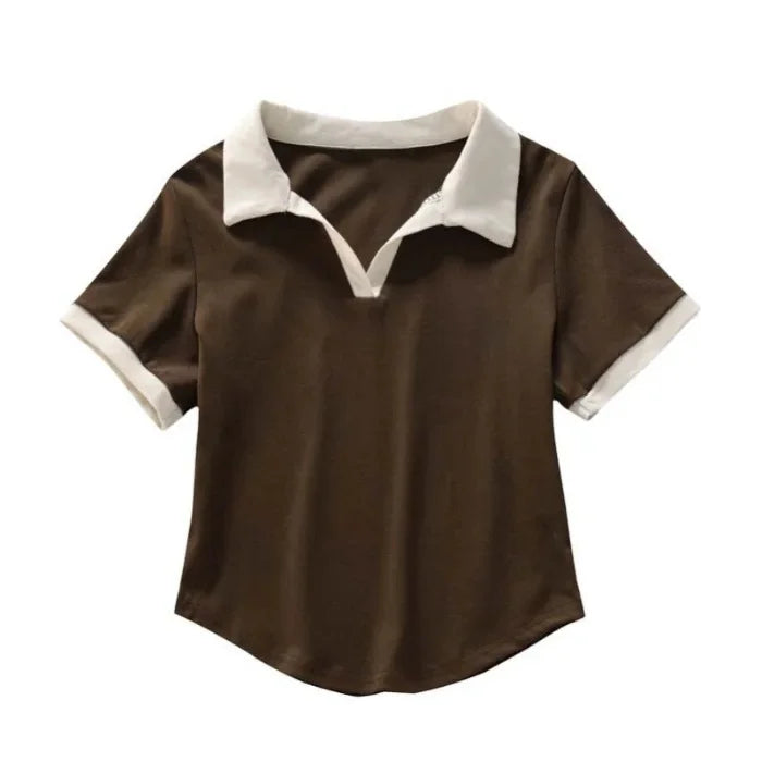 Summer Short Sleeve V-Neck Polo Shirt Women's Short Style Cotton Lycra Ribbed Top Bright Color Block 220g 40 Denier.