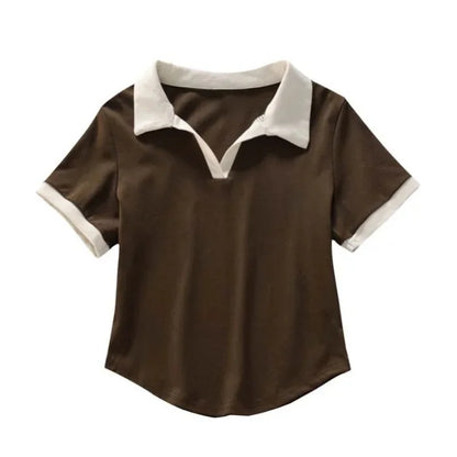 Summer Short Sleeve V-Neck Polo Shirt Women's Short Style Cotton Lycra Ribbed Top Bright Color Block 220g 40 Denier.