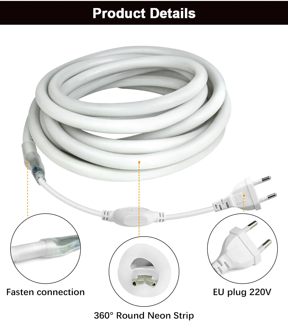 360 Round Tube 220V Flexible Rope Light 120leds/m LED Neon Light Strip  Cold White/Natural White/Red/Green/Blue/Pink Waterproof.