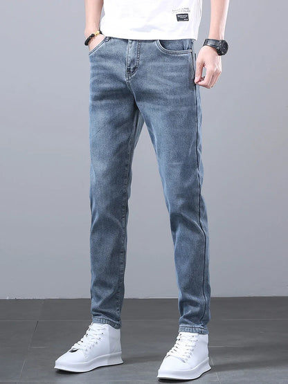 New Men's Four Seasons Business Jeans Fashionable Slim Fit Micro Elastic Straight Leg Long Pants.
