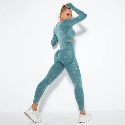 Women Seamless Yoga Set Fitness Sports Suits Gym Clothing Long Sleeve Crop Top Shirts High Waist Running Leggings Workout Pants.
